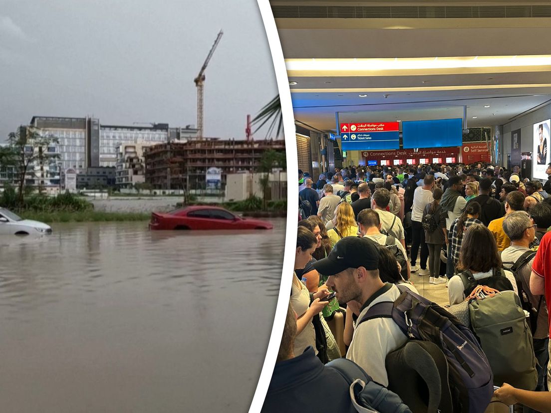 Links het noodweer in Dubai. Rechts de chaos op het vliegveld. © NOS (L) / Privé (R