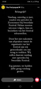 SWEETLAKE FESTIVAL ARTIESTEN BLIJVEN WEG
