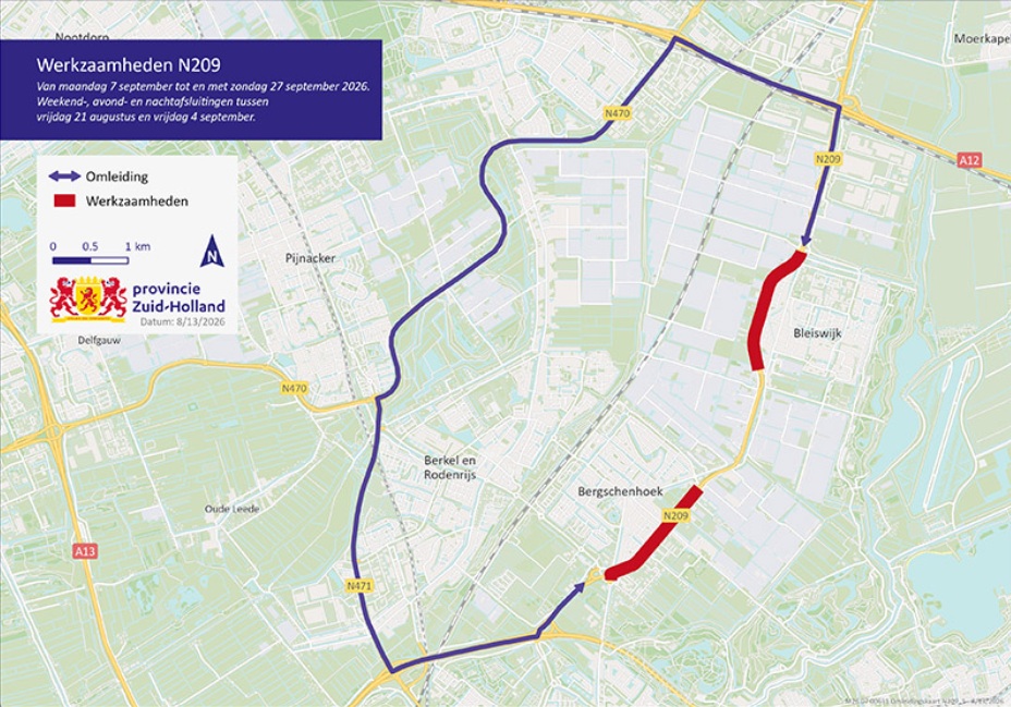 Houd rekening met omleidingen en extra reistijd op N209